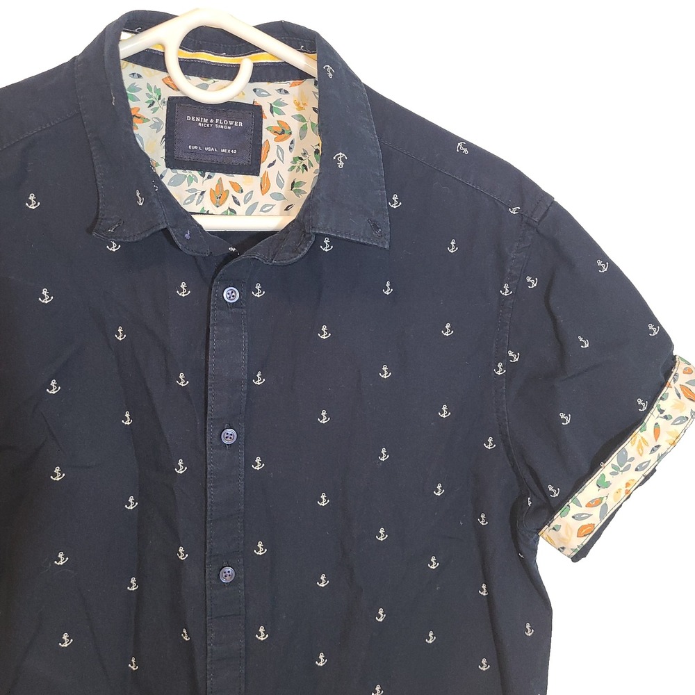 Denim & Flower L Slim Button Front Shirt Ricky Singh Dark Navy Blue Anchor Coast